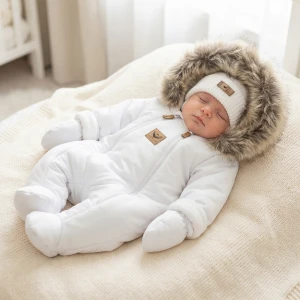 Kombinezon zimowy ocieplany kurtkowy biały 56-92 z futerkiem brązowym