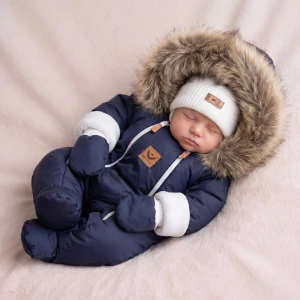 Kombinezon zimowy ocieplany kurtkowy granatowy 56-92 z futerkiem brązowym 