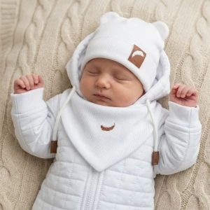 Czapka podwójna prążkowana niemowlęca z uszkami + apaszka rozmiar 56-98 biała