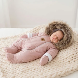 Kombinezon zimowy ocieplany kurtkowy brudny róż 56-92 z futerkiem brązowym  