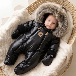 Kombinezon zimowy ocieplany kurtkowy czarny 56-92 z futerkiem brązowym 