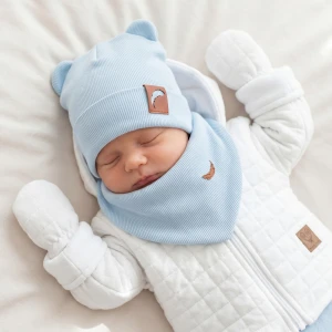 Czapka podwójna prążkowana niemowlęca z uszkami + apaszka rozmiar 56-98 błękitna