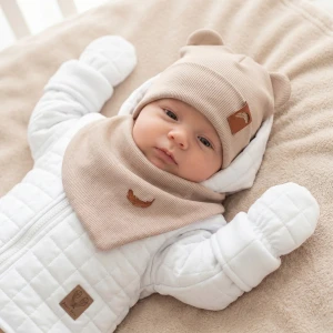 Czapka podwójna prążkowana niemowlęca z uszkami + apaszka rozmiar 56-98 piaskowa