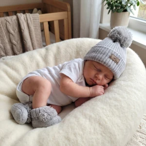 KAZUM 2 cz komplet włóczkowy czapka+buciki  rozmiar 56-86 hazelnut