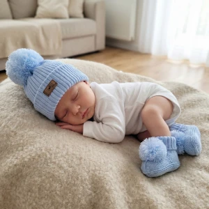 KAZUM 2 cz komplet włóczkowy czapka+buciki  rozmiar 56-86 baby blue