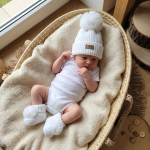 KAZUM 2 cz komplet włóczkowy czapka+buciki  rozmiar 56-86 coconut