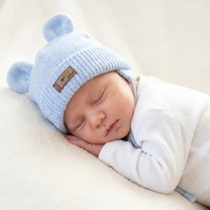 KAZUM Czapka niemowlęca włóczkowa wiązana z uszkami 56-86 baby blue