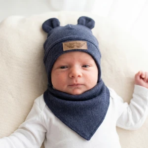 Komplet czapka prążkowana niemowlęca + apaszka 56-86 jeans