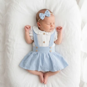 3 cz muślinowy komplet body + spódniczka na szelkach+ opaska 56-86 baby blue