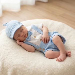 4cz muślinowy komplet body + spodnie na szelkach+ czapka + muszka 56-86 błękit