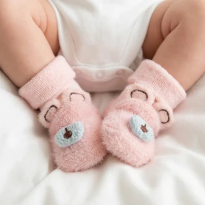 Skarpetki bezuciskowe zimowe miś 0-18m różowe