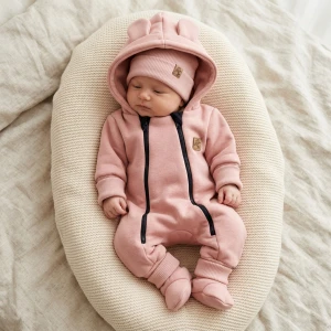 KAZUM Kombinezon z ocieplanej dresówki bez stóp + czapka + buciki coral pink 56-86