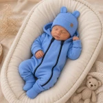 KAZUM Kombinezon z ocieplanej dresówki bez stóp + czapka + buciki 56-86 baby blue