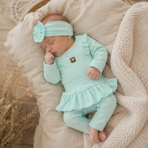 3cz KOMPLET body + legginsy ze spódniczką + opaska 56-86 miętowy
