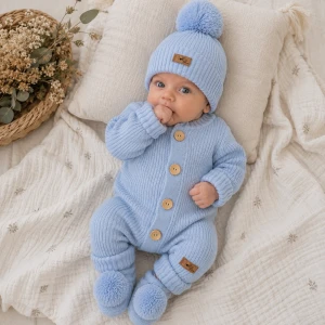 KAZUM 3 cz komplet włóczkowy pajacyk+czapka+buciki 56-86 baby blue