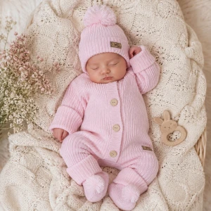 KAZUM 3 cz komplet włóczkowy pajacyk+czapka+buciki 56-86 pinky rose