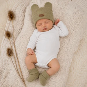 KAZUM 2 cz komplet czapka z uszkami+ buciki 56-86 olive green