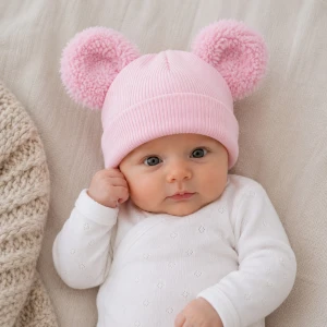 KAZUM Czapka podwójna niemowlęca prążkowana z misiowymi uszkami rozmiar 56-86 pinky rose