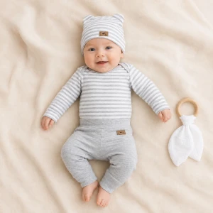 KAZUM Komplet niemowlęcy: body + spodnie + czapka z uszkami stripes ostatnie sztuki 56-86