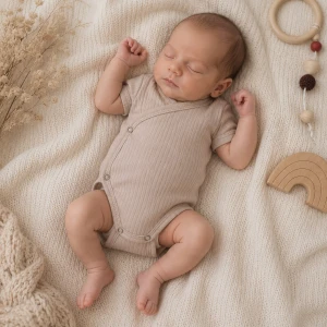 Prążkowane body kopertowe z regulacją, krótki rękaw  50-62 beige