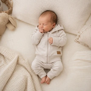 Dres niemowlęcy 2 cz bawełniany z odpinanym kapturem 56-86 alabaster beige