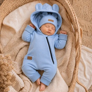 KAZUM Kombinezon z ocieplanej dresówki bez stóp + czapka baby blue 56-86