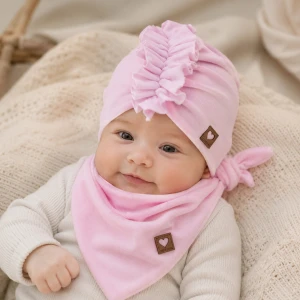 Czapka turban + chustka welurowe  rozmiar 0-6miesięcy  6-12miesięcy 1-3lat różowa 
