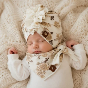 Czapka turban + chustka rozmiar 0-6miesięcy  6-12miesięcy 1-3lat w kwiaty brąz
