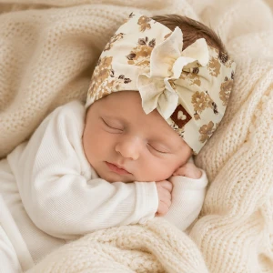 Szeroka opaska turban rozmiar 0-6miesięcy  6-12miesięcy 1-3lat beż kwiaty