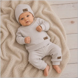 KAZUM Prążkowany komplet 3 cz bluza+spodnie+czapka 56-86  alabaster beige