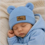 KAZUM Czapka włóczkowa bawełniana podwójna, wywijana z uszkami błękitna baby blue