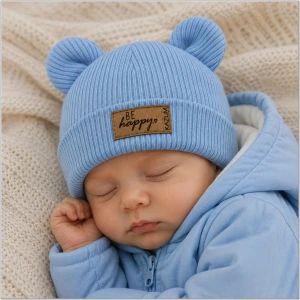 KAZUM Czapka włóczkowa bawełniana podwójna, wywijana z uszkami błękitna baby blue