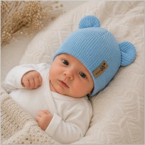 KAZUM  Pojedyńcza czapka bawełniana włóczkowa z uszkami baby blue