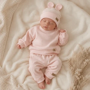 KAZUM 3 cz Prążkowany komplet bluza+spodnie+czapka 56-86 powder pink