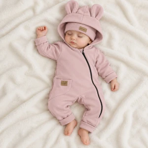 KAZUM Kombinezon z ocieplanej dresówki bez stóp + czapka Marshmallow Pink 56-86 
