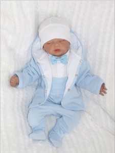 Bawełniany, 5-częściowy garniturek do chrztu. Komplet z kurteczką i czapeczką na chrzest. Błękitny, chłopięcy zestaw chrzcielny.